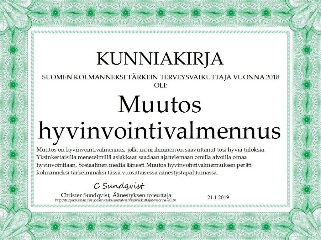 Suomen kolmanneksi tärkein terveysvaikuttaja vuonna 2018!