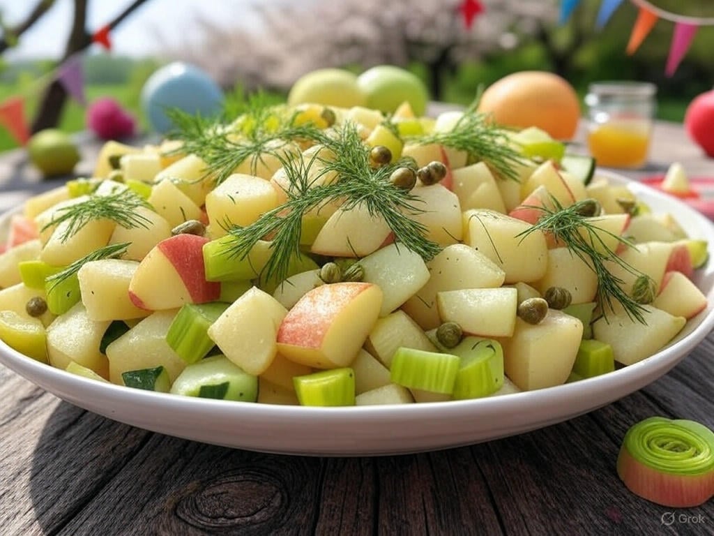 Raikas perunasalaatti vappupöytään